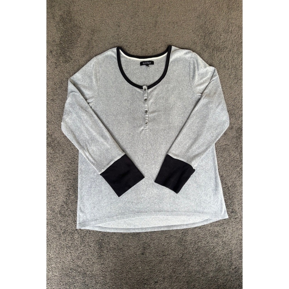 Ellen Tracy Gray Velour Henley Long Sleeve Shirt Top Womens Size L